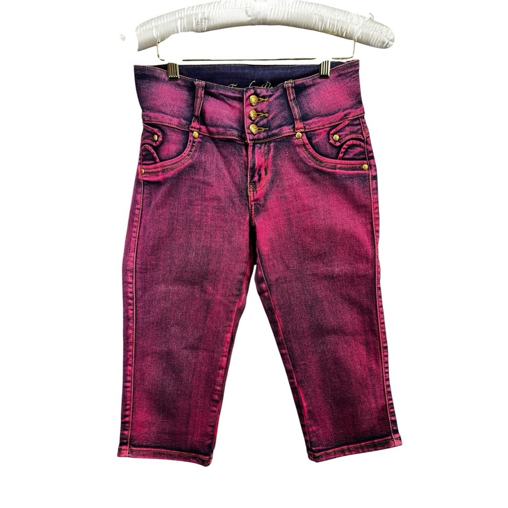 Tush Push Pink Acid Wash Capri Jeans Womens Size 7 Embellishment Button Crop Y2K